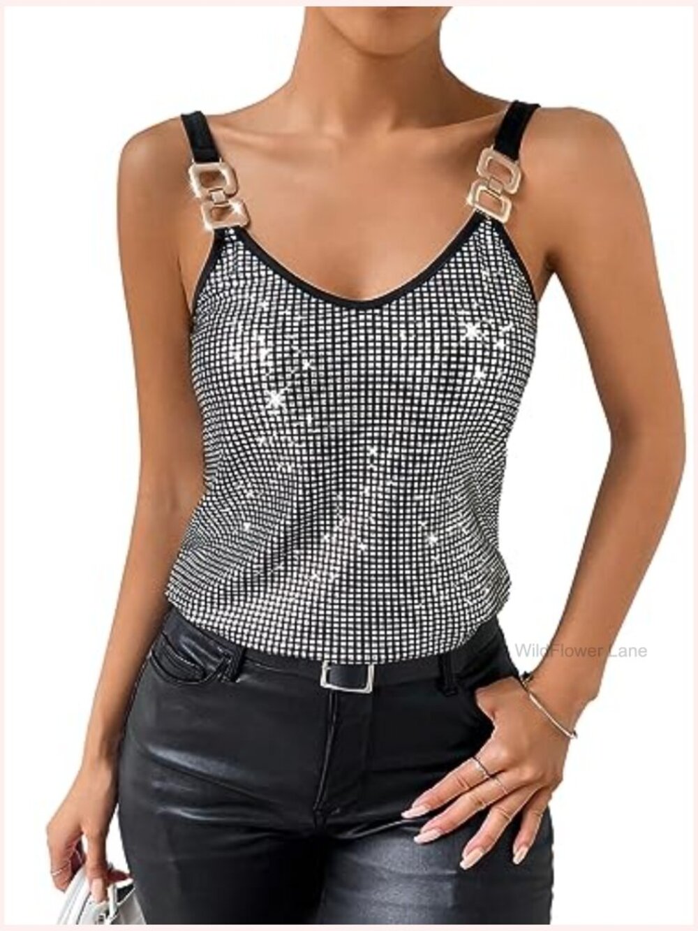 Sparkly V-Neck Cami Top Sleeveless Sequin Tank Party Club - Picture 4 of 7